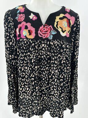 Savanna Jane Black Animal Print Embroidered Peasant Floral Boho Black L/S Small